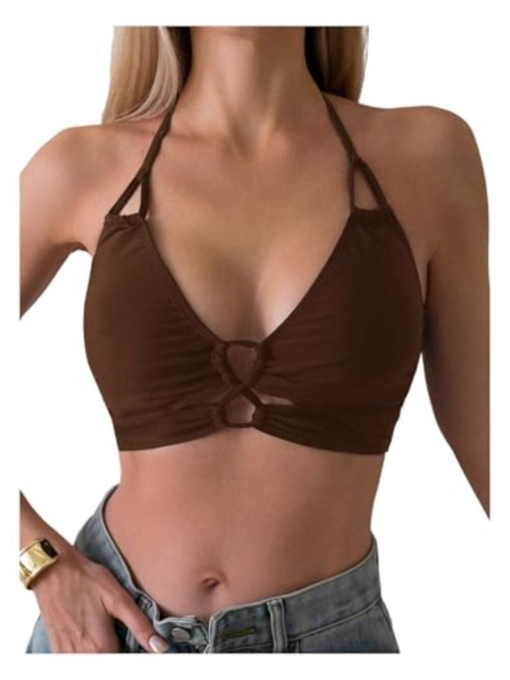 WDIRARA Women's Halter Bikini Top Criss Cross Cut Out Tie Backless Swimwear